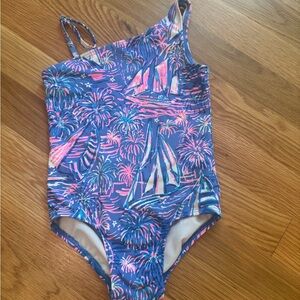 Kids Swimwear One-Shoulder Swimsuit - Blue and Pink